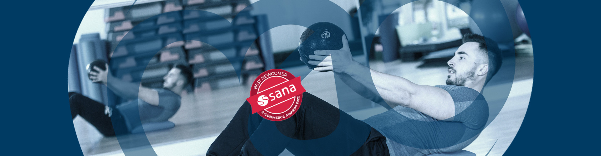 A Badge saying 'Best Newcomer Sana E-Commerce Awards 2022' Over a man exercising and the Mad logo