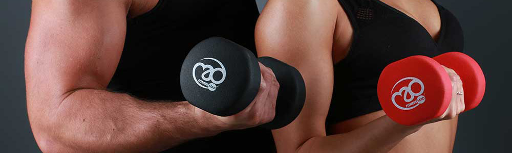 Trainers holding black and red Fitness-Mad dumbbells