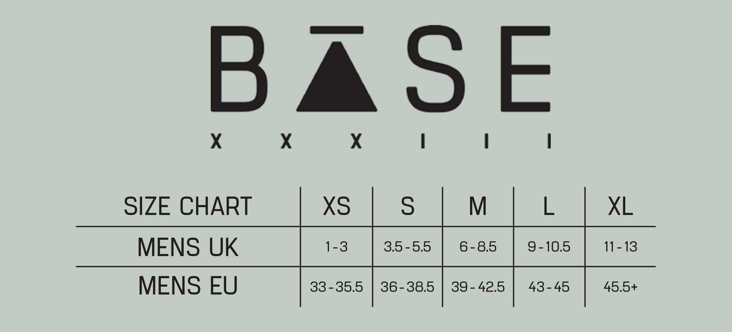 Base 33 socks size chart