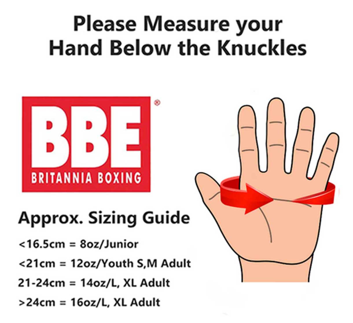 BBE boxing gloves size chart