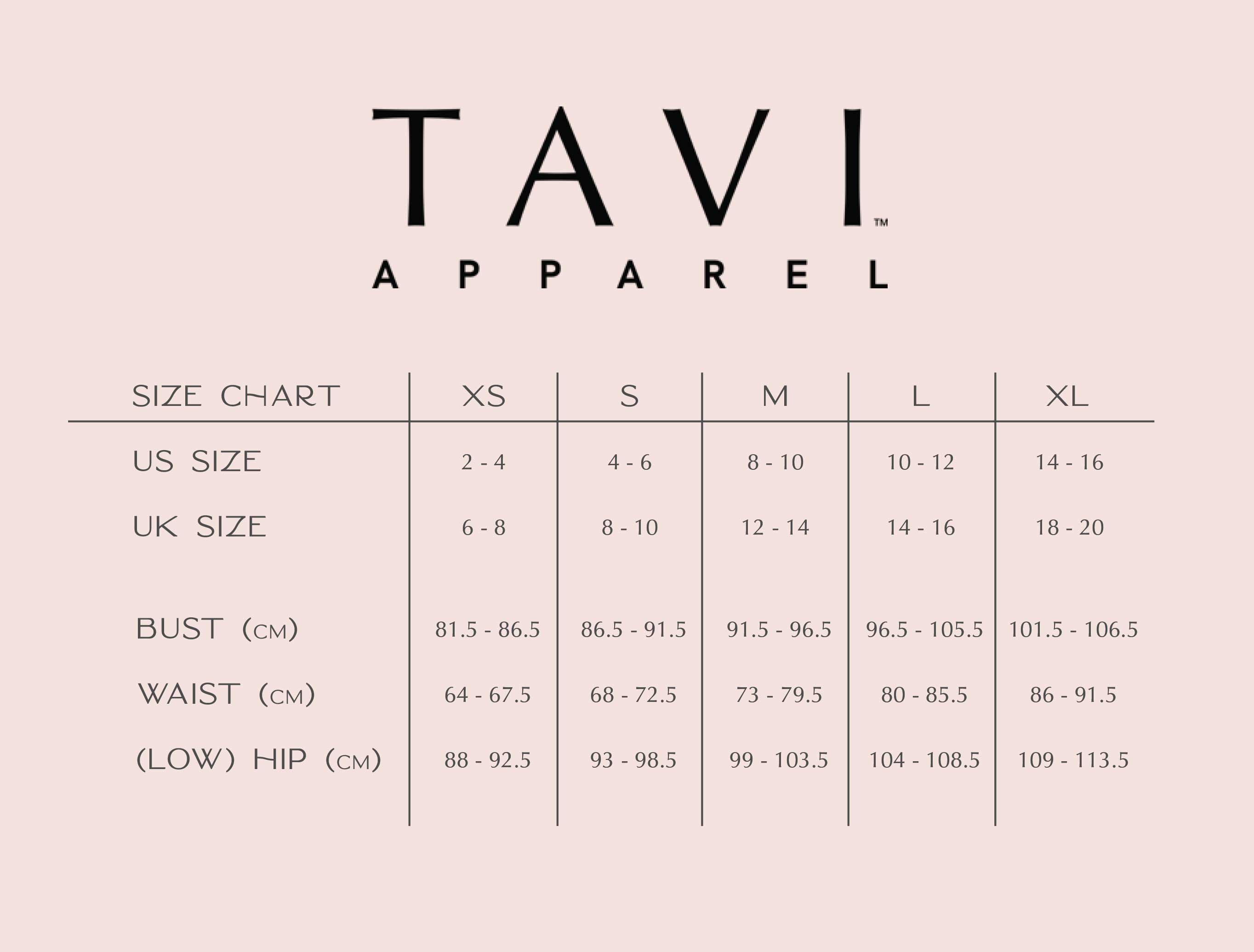Tavi apparel size chart